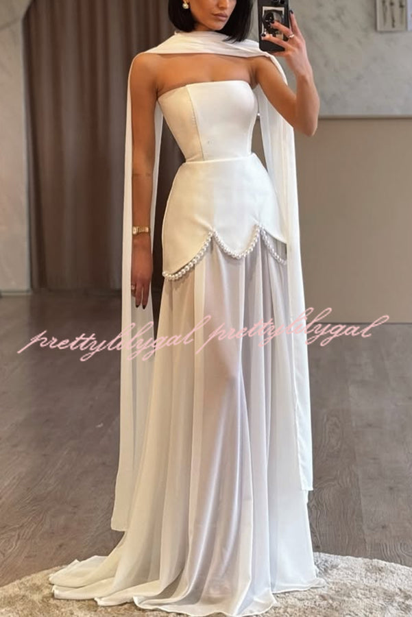 Jiya Satin Petal Hem Pearl Detail Chiffon Cape Strapless Maxi Dress