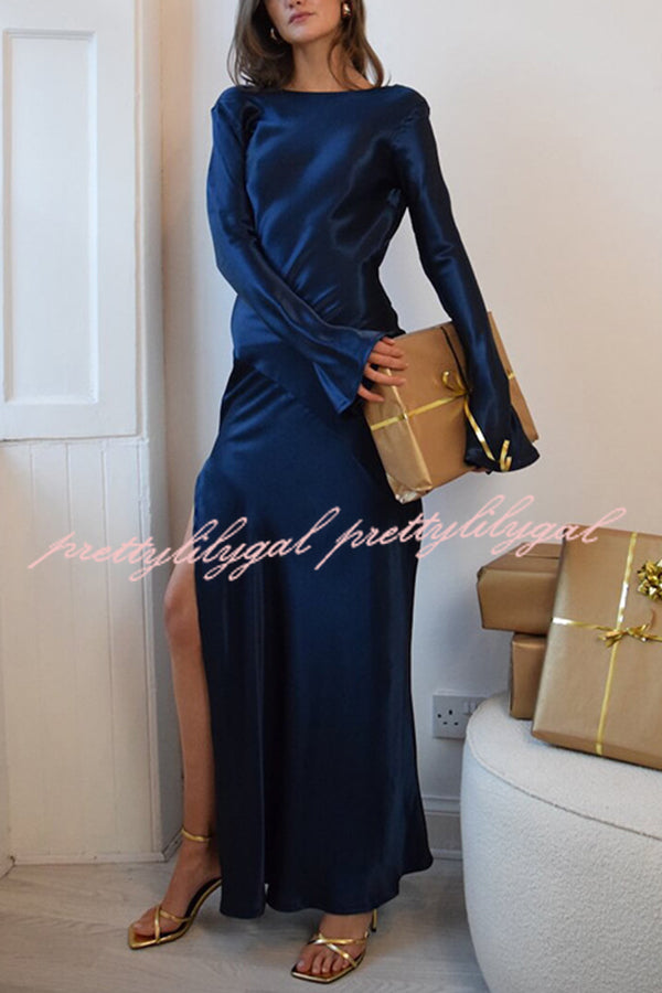 Satin Elegant Long-sleeved Open-back Slim-fit Slit Maxi Dress