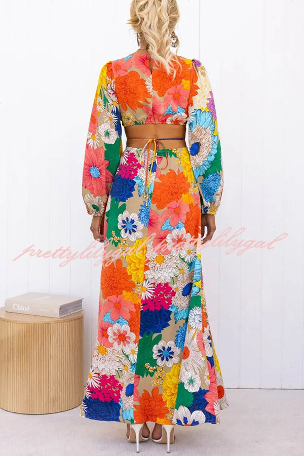 Bloom Forever Floral Print Cutout Elastic Waist Maxi Dress