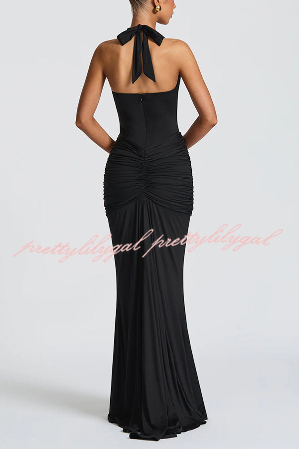 Solid Color Elegant Halterneck V-neck Open Back Tie Gathered Maxi Dress