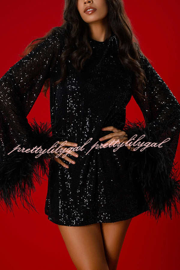 Solid Sequin Elegant Feather Long Sleeve Mini Dress