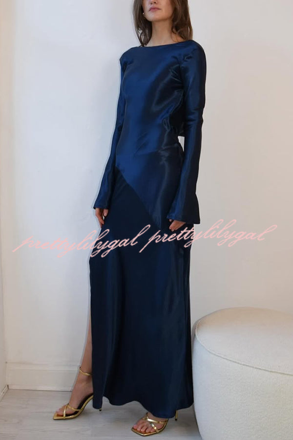 Satin Elegant Long-sleeved Open-back Slim-fit Slit Maxi Dress