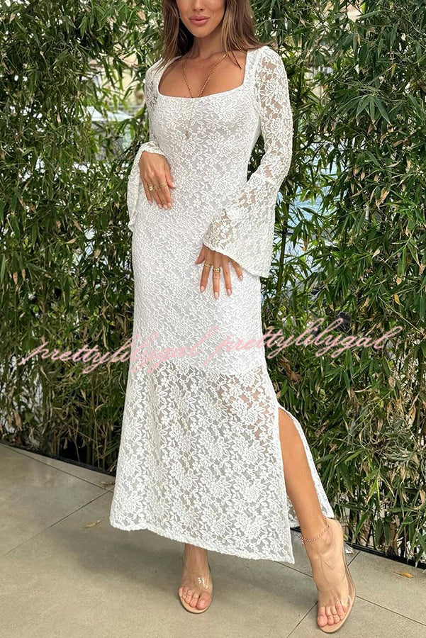 Luxe Lifestyle Lace Square Neck Bell Sleeve Lined Slit Midi Dress