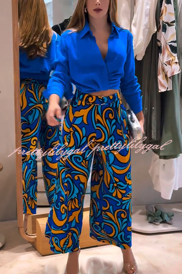 Ocean Heart Linen Blend Printed Ruched Hem Blouse and Belted High Rise Pocket Loose Pants Set