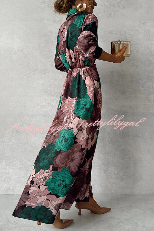 Floral Print Lapel Waisted Lace-up Long-sleeve Maxi Dress