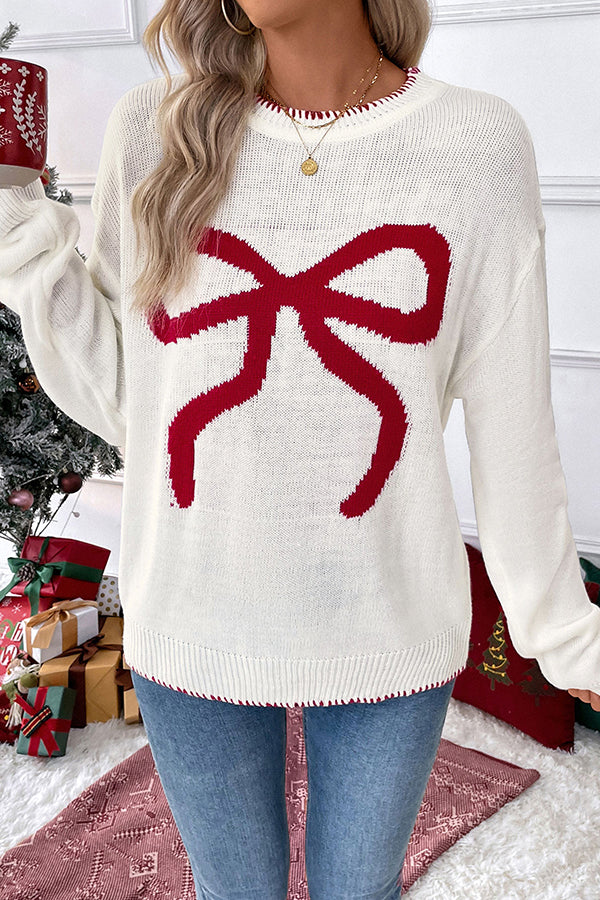 Christmas Contrasting Color Big Bow Round Neck Long Sleeve Loose Knitted Sweater