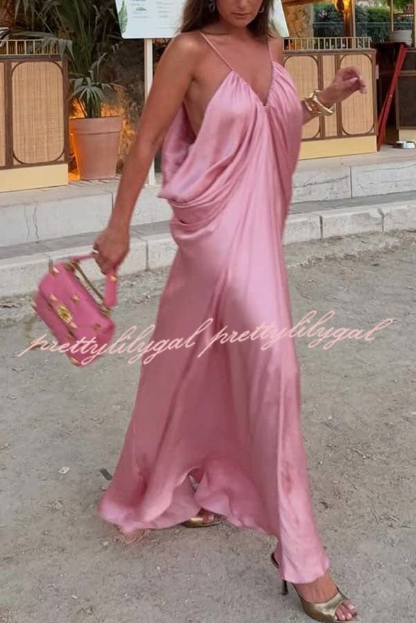 Venus Satin V-neck Draped Pleated Slip Loose Maxi Dress