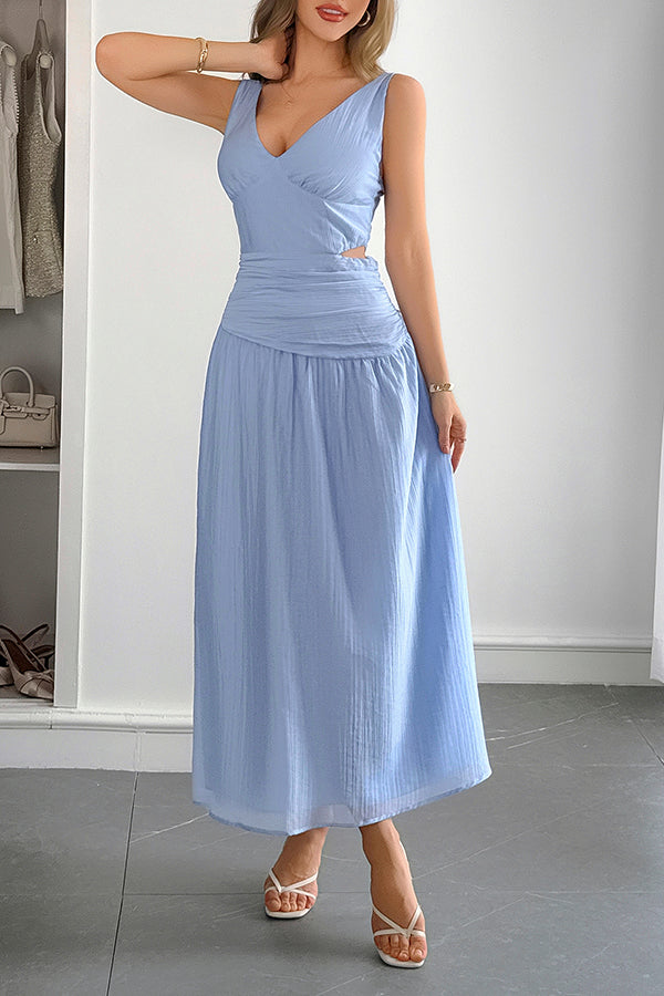 Solid Color V-neck Sleeveless Waist Hollow Out Maxi Dress