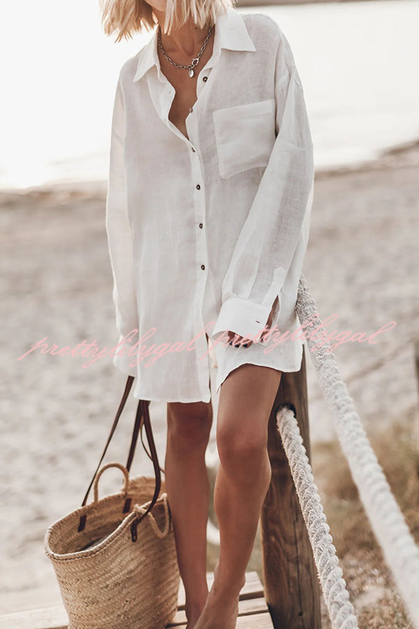 Go To The Beach Linen Blend Pocketed Long Sleeve Oversized Shirt