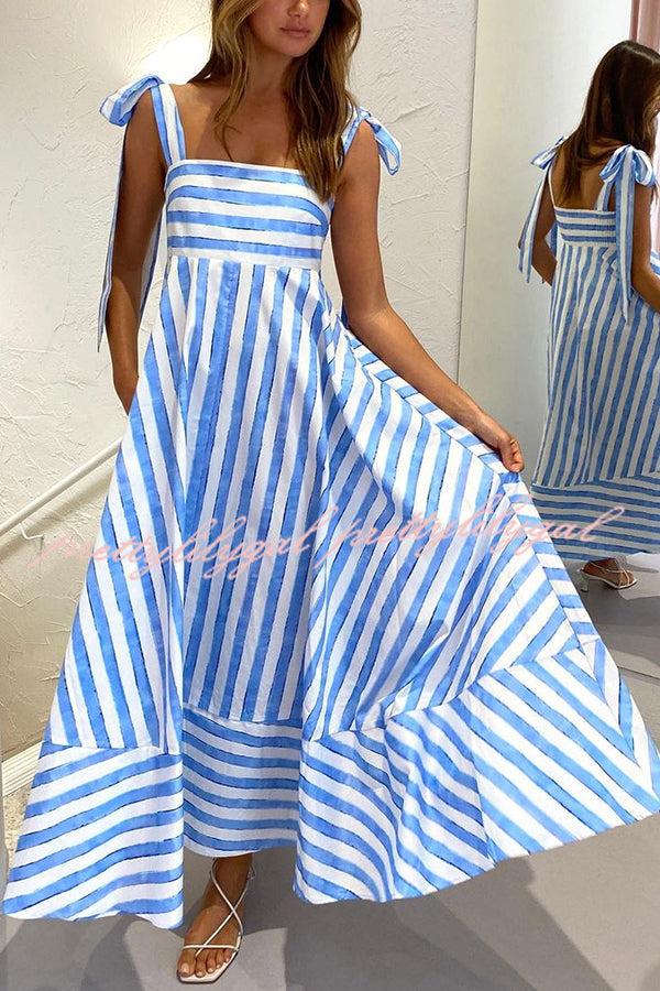 Treasured Times Stripe Print Tie-up Shoulder Pocketed A-line Maxi Dress