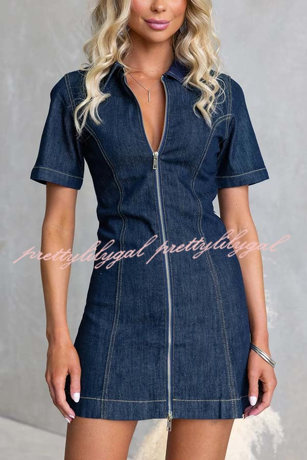 Street Chic Denim Shirt Neck Front Zip-up Stretch Mini Dress