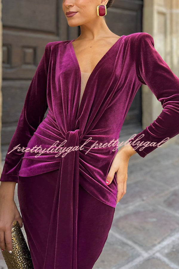 Elisabeth Luxurious Velvet Padded Shoulders Long Sleeve Twist Waist Drape Midi Dress