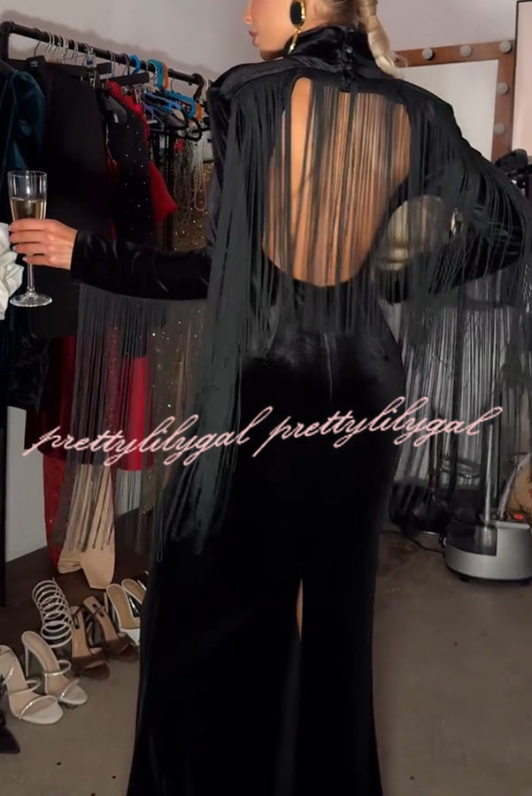 Eve Velvet Open Back Tassel Trim Long Sleeve Slit Maxi Dress