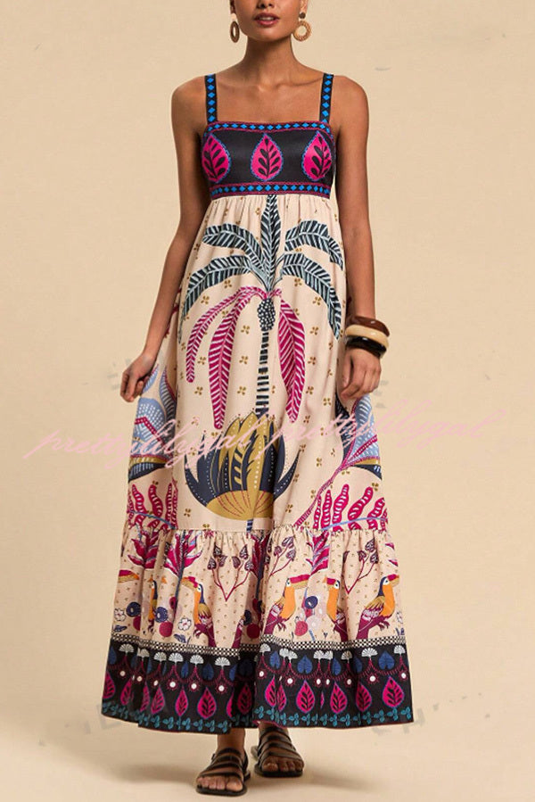 Bohemian Tropical Print Backless Casual Resort Maxi Dress