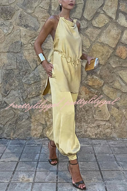 Satin Solid Pocket Loose Casual Pants
