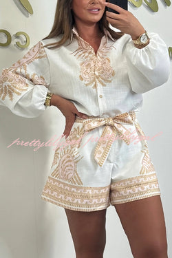 Linen Blend Unique Print Puff Sleeve Shirt and Waist Tie Loose Shorts Set