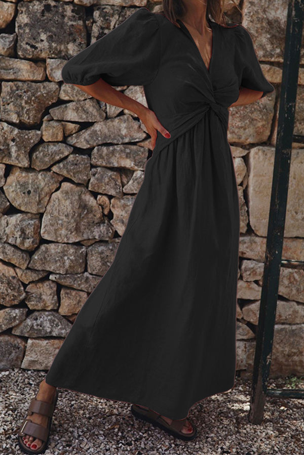 Linen Blend High Waist V-neck Loose Maxi Dress