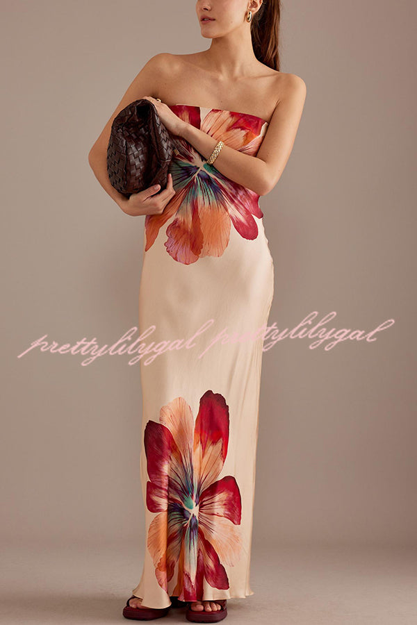 Charming Lady Satin Floral Print Bandeau Loose Maxi Dress