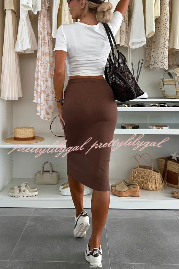 Perfect Basics Ribbed Knit Elastic Waistband Stretch Midi Skirt