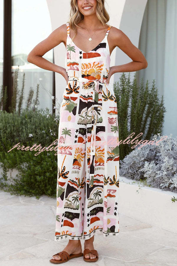 Unique Beach Vacation Print V-neck Suspenders Casual Wide-leg Jumpsuit