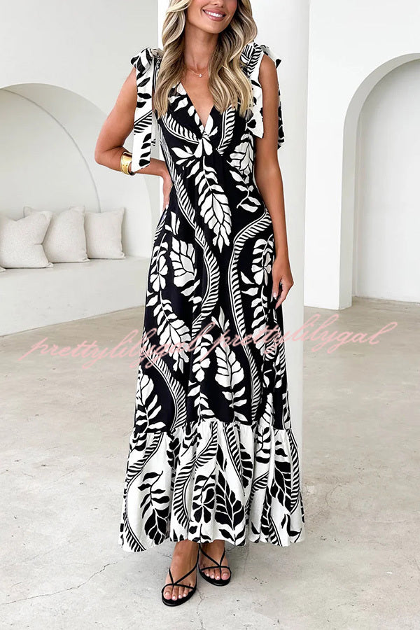 Unique Printed V-neck Sleeveless Lace-up Waist Maxi Dress