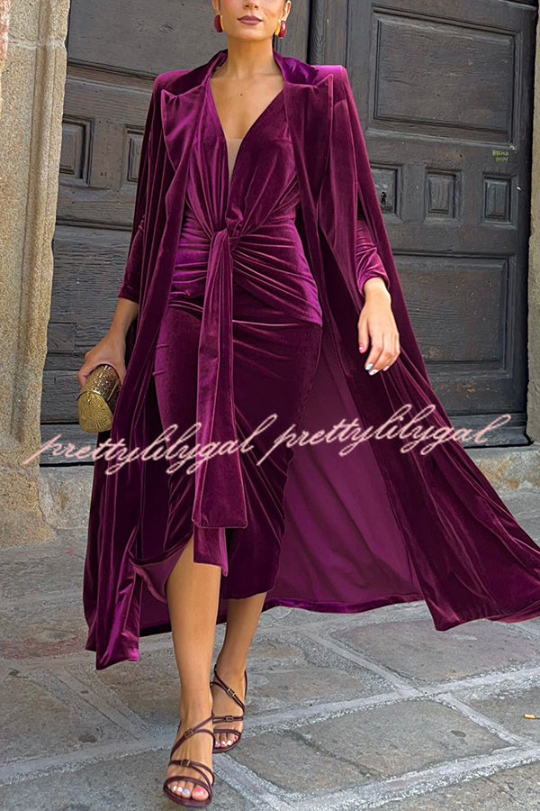 Elisabeth Luxurious Velvet Padded Shoulders Long Sleeve Twist Waist Drape Midi Dress