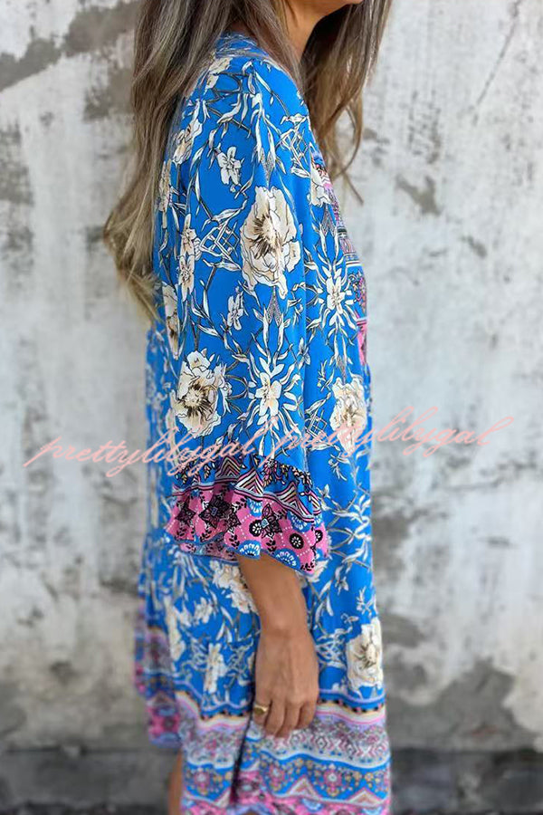 Ethnic Floral Print V-neck Loose Pocket Mini Dress