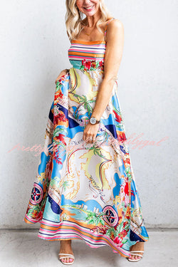 Satin Resort Print Sling Back Pleated Maxi Dress