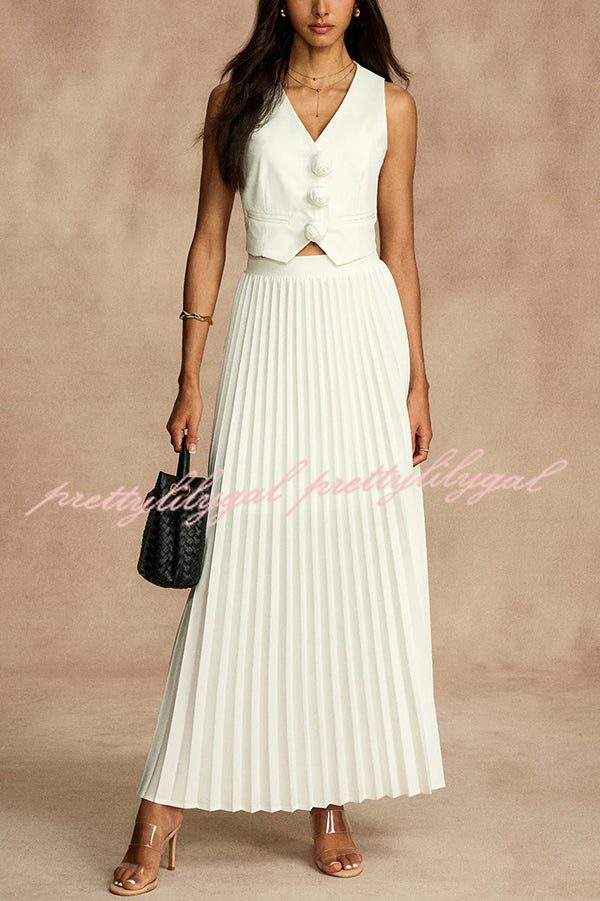 Stylish Rosette Sleeveless Tank Top and Pleated Maxi Skirt Set