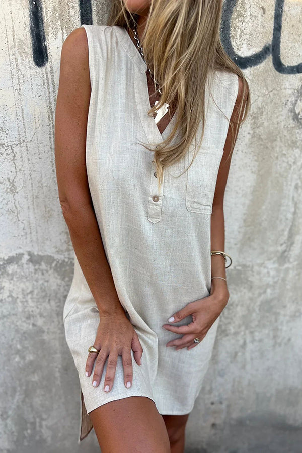 Solid Color Sleeveless V-neck Casual Pocket Mini Dress