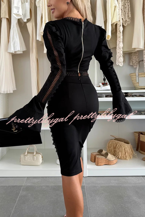 Career Beauty Lace Paneled Long Bell Sleeve Crop Top and High Rise Mini Skirt Set