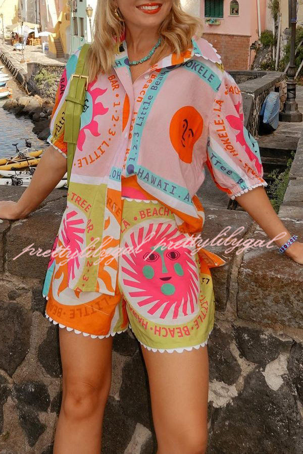 Quirky Sun Print Button Down Elastic Waist Pocket Shorts Set