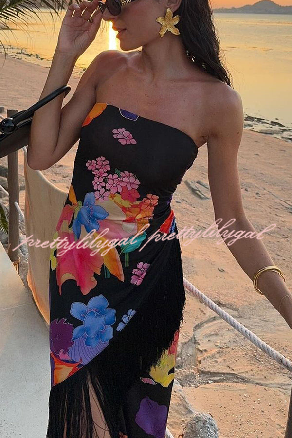 Island Girl Era Floral Print Tassel Trim Bandeau Stretch Midi Dress