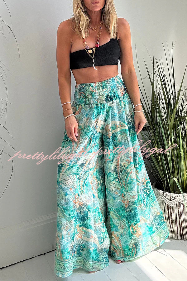 Stella Leopard Print High Rise Smocked Waist Pocketed Wide Leg Pants