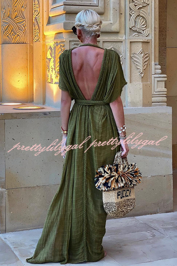 Greek Style Linen Blend Draped Braids Kimono Cover Up Slit Maxi Dress prettylilygal Greek Style Linen Blend Draped Braids Kimono Cover Up Slit Maxi Dress prettylilygal