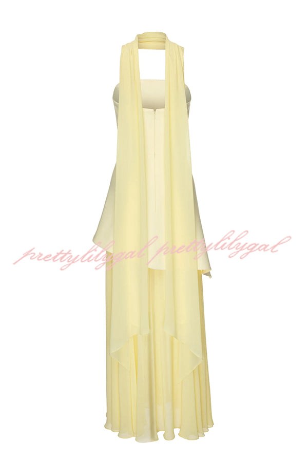 Monaco Off Shoulder Structured Top Chiffon Slit Hem Scarf Maxi Dress
