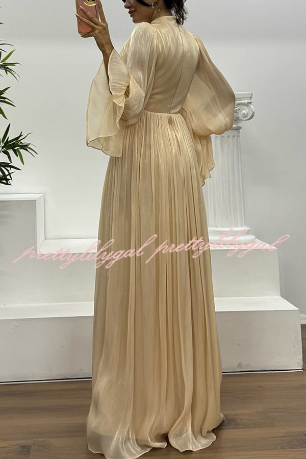 Ellah Shiny Fabric Chinese Stand Collar Twist Waist Balloon Sleeve Maxi Dress