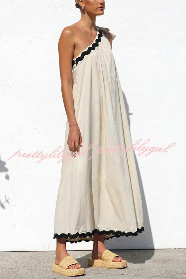 Linen Blend One Shoulder Tie Resort Maxi Dress