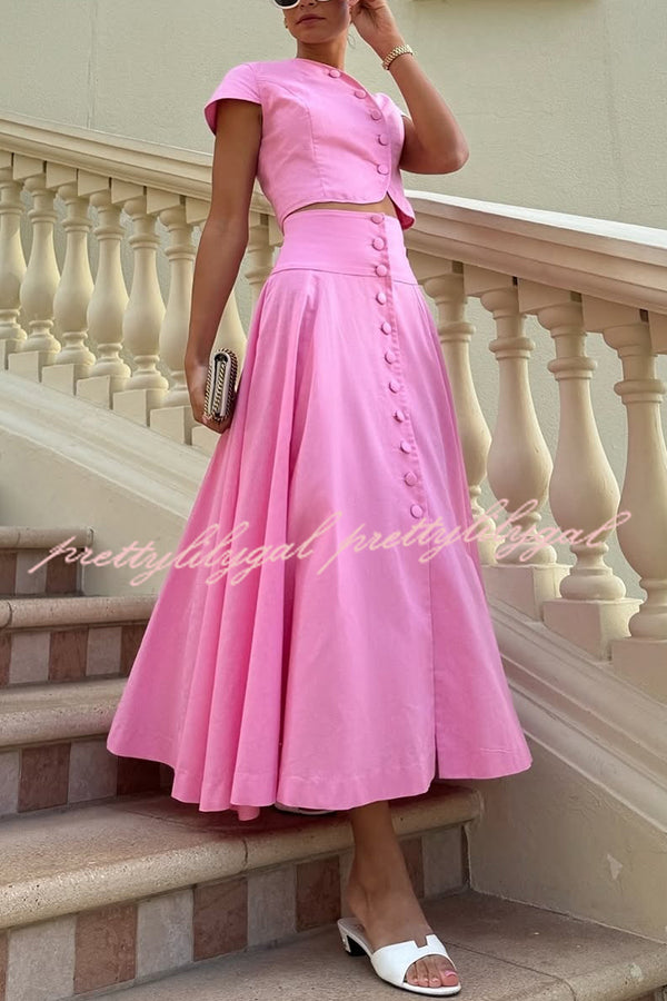 Solid Color Round Neck Button Crop Top and Elegant High Waist Slit Maxi Skirt Set