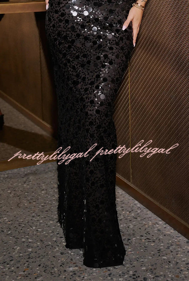 Twilight Muse Polka Dot Sequins Cape Sleeve Front Cutout Slit Maxi Dress