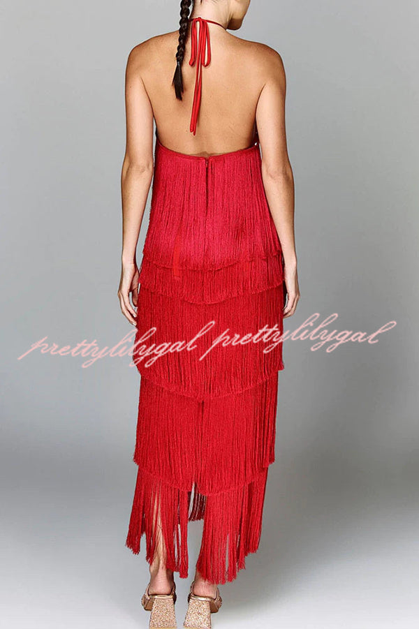 Sexy Halterneck Backless Elegant Fringe Maxi Dress