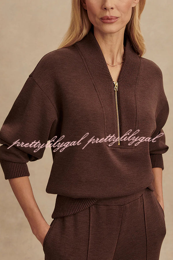 Meet The Autumn Ribbed Zipper Neck Sweatshirt and Elastic Waist Pocketed Loose Pants Set