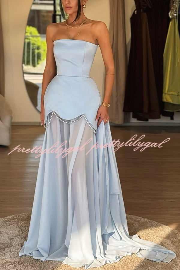 Jiya Satin Petal Hem Pearl Detail Chiffon Cape Strapless Maxi Dress