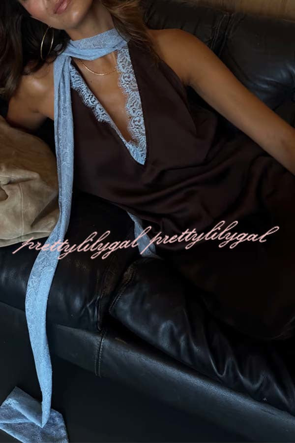 Sunday Social Contrast Color Satin Lace Trim Neck Strap Loose Tank