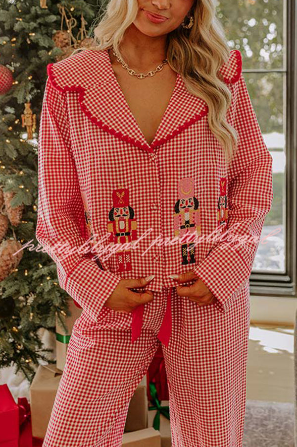 Nutcracker Charm Embroidered Gingham Loose Shirt and Elastic Waist Pajama Set