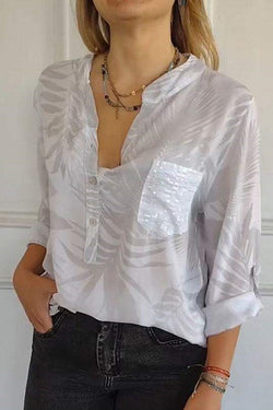 Botanical Print V-neck Buttoned Sequin Pocket Casual Shirt