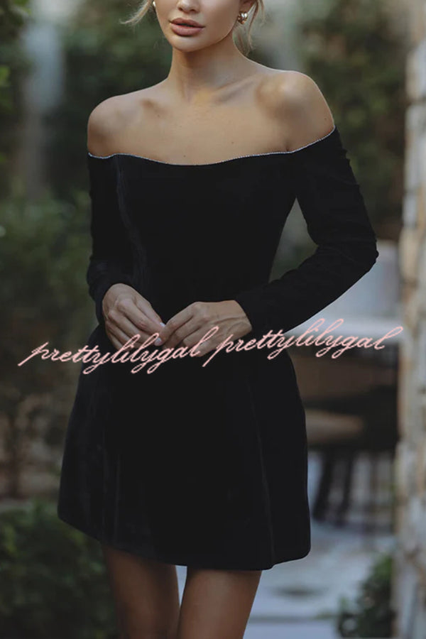 Dear Me Velvet Glitter Trim Off Shoulder Long Sleeve Pocketed Mini Dress