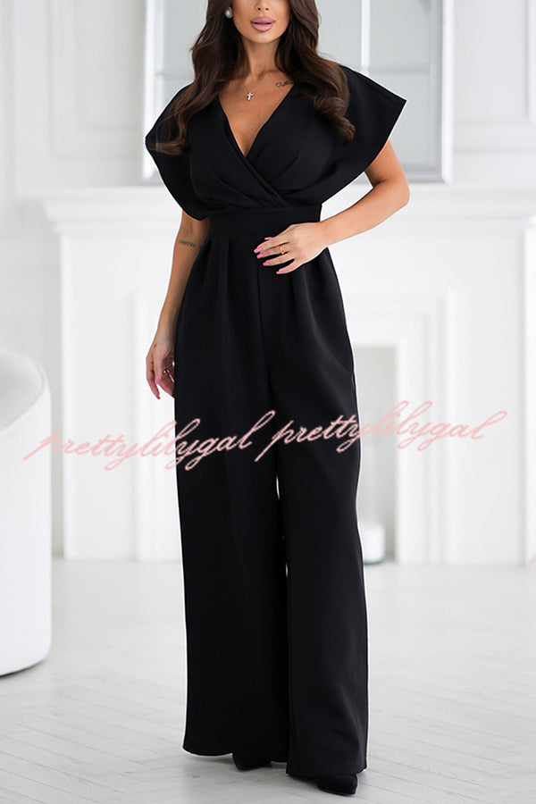 Solid Color V-neck Waist Casual Wide-leg Jumpsuit