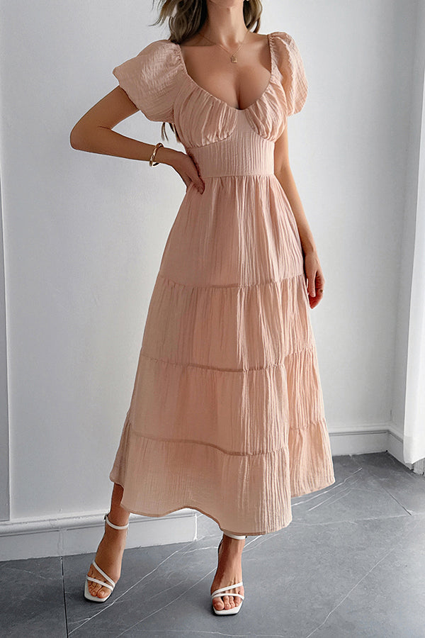 Solid Color V-neck Puff Sleeve Casual Holiday Style Midi Dress