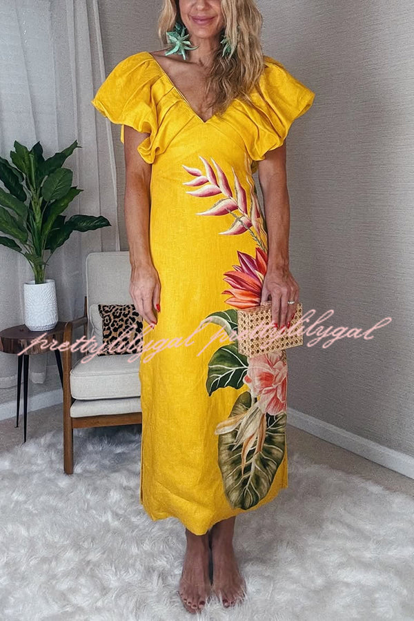 Plant Print V-neck Open Back Holiday Style Slit Midi Dress
